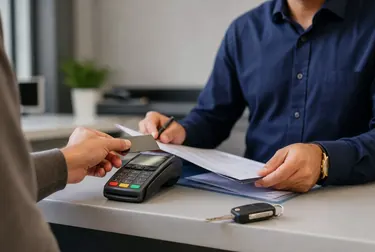 Atendente ajudando no processo de pagamento de débitos veiculares.