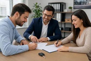 Atendente auxiliando no procedimento de transferência de veículo.