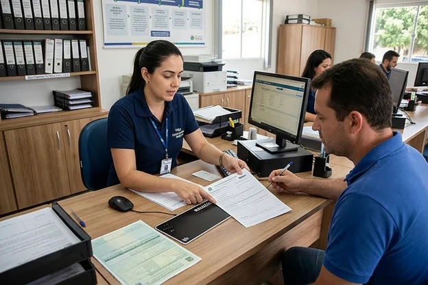 Atendente explicando o processo de emplacamento para um cliente.